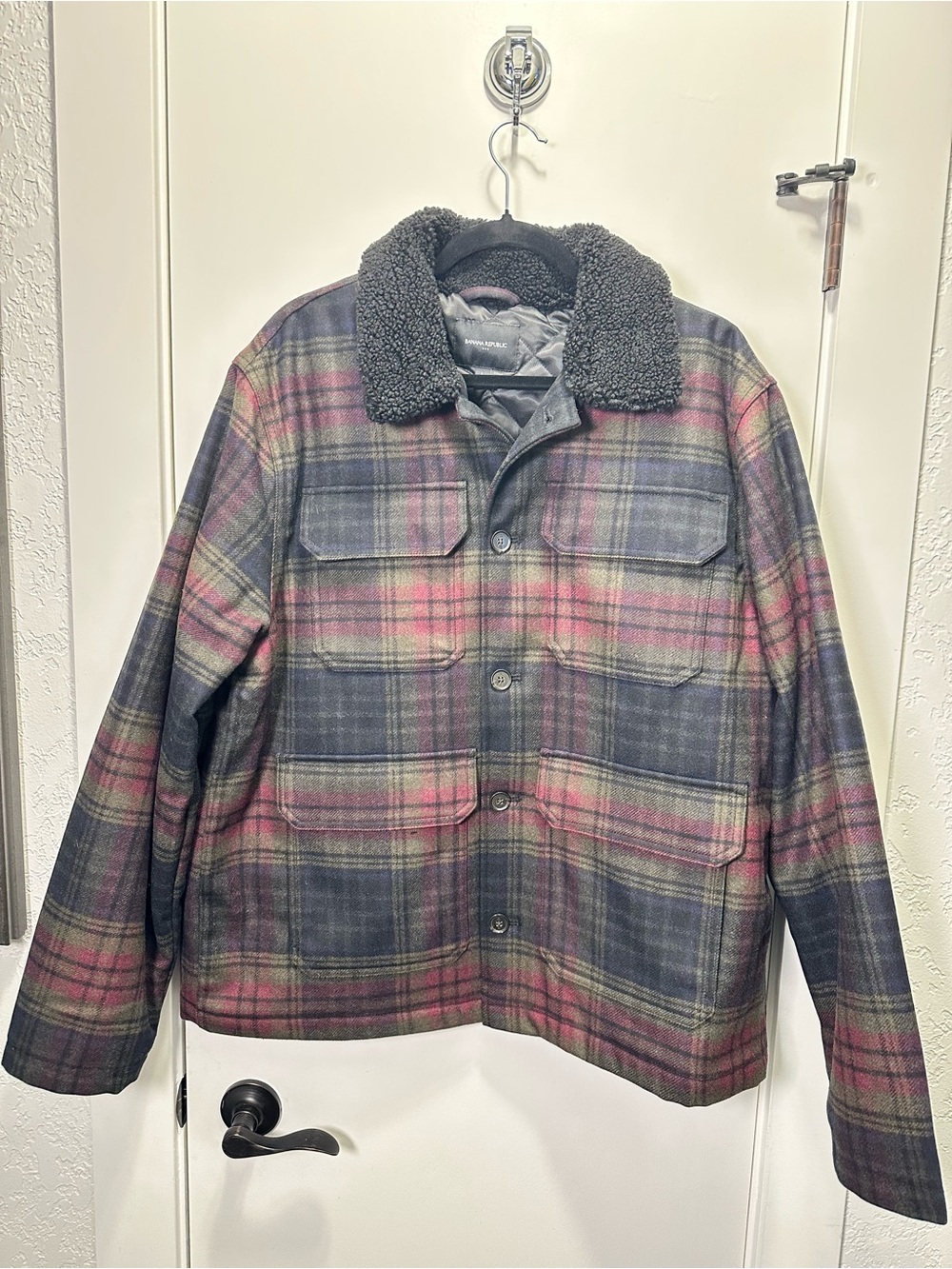 Banana Republic Plaid Wool-Blend Jacket with Sherpa Collar - Green & Burgundy
